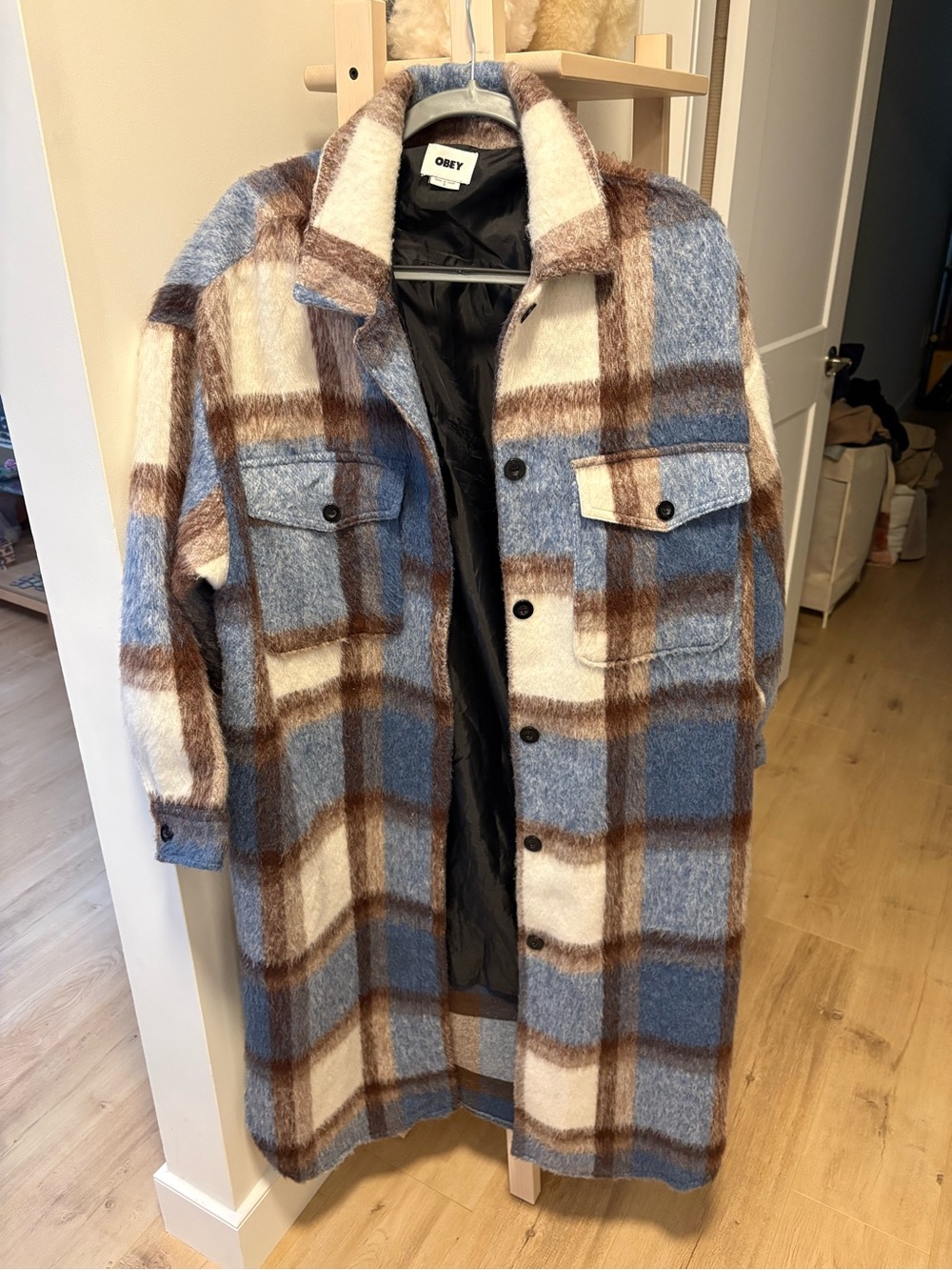 Obey Long Plaid Wool Blend Shacket Coat Women's S Blue Brown